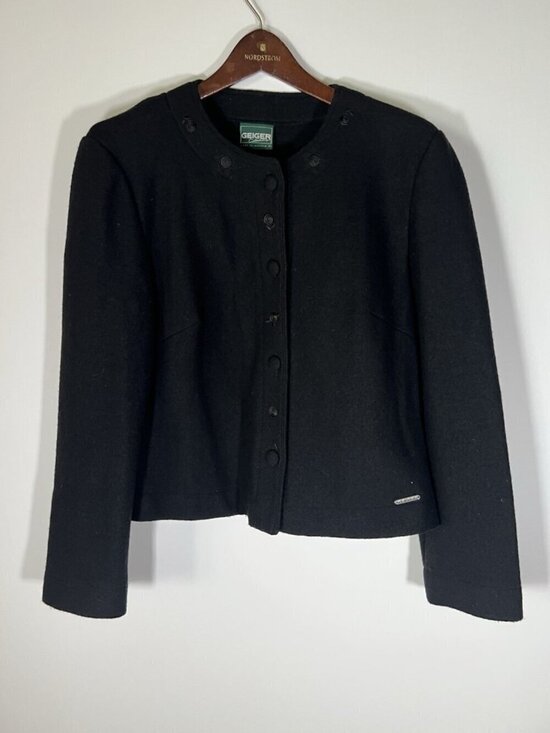 geiger Jackets & Blazers - GEIGER black collarless short wool jacket embroidered lightweight Vintage 40(M)